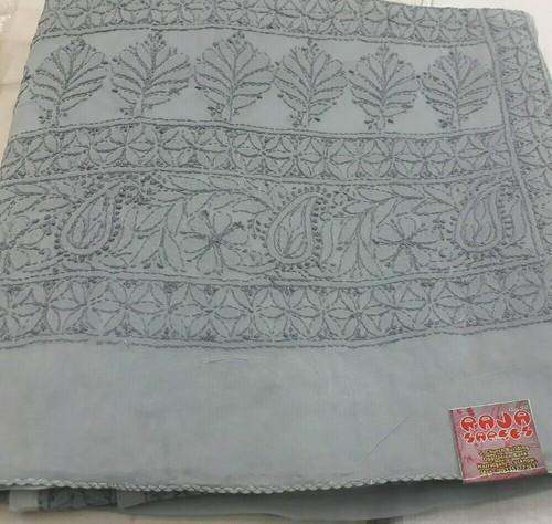 Comfortable Lightweight Embroidery Grey Color Cotton Chikan Saree 