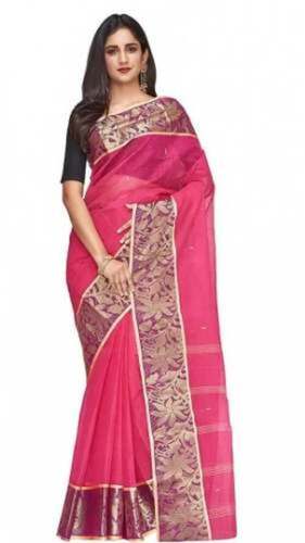 Embroidered Lightweight Comfortable Woven Tant Pink Pure Cotton Bengali Saree For Festival Wear