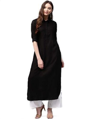 Comfortable And Breathable Ront Slit 3/4 Sleeves Roll-Up Black Kurti