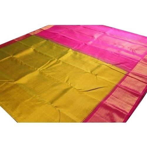 Summer Golden And Pink Pure Silk Ladies Saree With Blouse Piece Set For Casual Wear