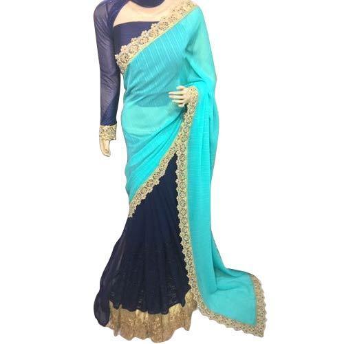 Cotton Silk Half And Half Blue And Black Fancy Ladies Saree With Blouse Piece Set For Casual Wear