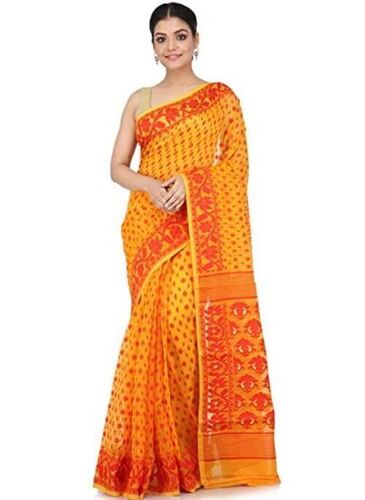 महिलाओं के लिए स्टाइलिश लाइटवेट आरामदायक पीले और लाल रंग की डिज़ाइनर सिल्क कॉटन प्रिंटेड साड़ी
