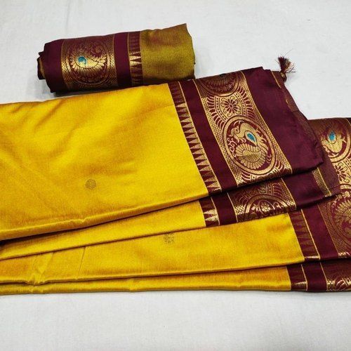 Yellow And Marron Party Wear Traditional Elegant Beautiful And Breathable Silk Sarees