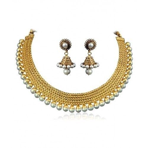 Appealing Look Skin Friendly Party Wear White And Golden Imitation Necklace Set
