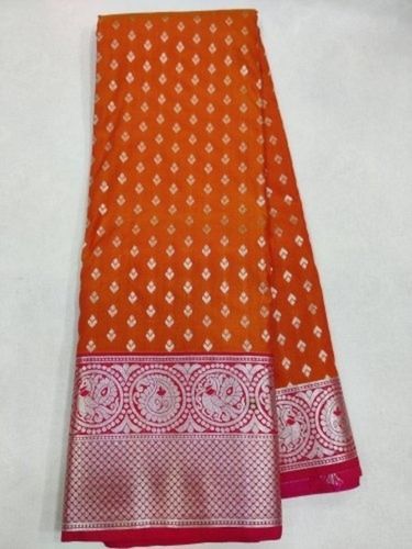 Lightweight Comfortable Orange Printed Traditional Party Wear Cotton Silk Sarees For Women