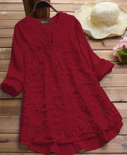 Best Quality Fashionable Gorgeous Textured Long Sleeves Red Cotton Tops