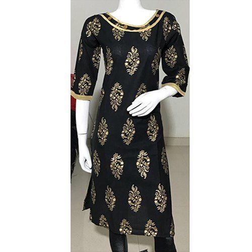 Breathable Formal Wear Black Golden Printed Ladies Kurti For Casual And Regular Wear