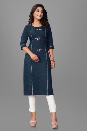 Casual Wear Round Neck 3/4 Sleeve Blue And White Printed Designer Cotton Kurti For Ladies