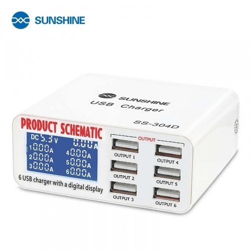 USB Charger - Plastic, 6 Ports, 500 Grams | LCD Power Display, 220V Input Suitable for All Mobile Phones