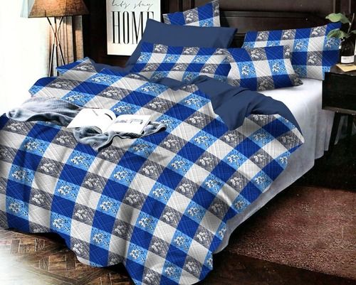 Check Print Polly Cotton King Size Blue Bedsheet With Two Matching Pillow Covers