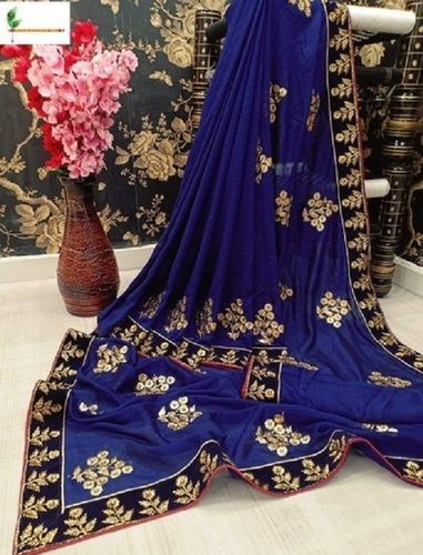 Embroidered Blue Color Party Wear Fancy Ladies Sarees With Blouse Piece Set