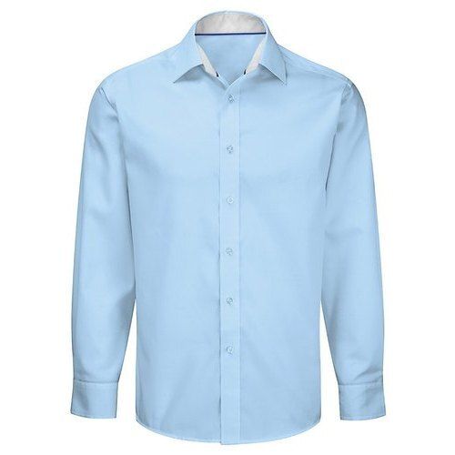 Breathable Printed Full Sleeve Collar Neck Cotton Wrinkle Free Plain Blue Shirt For Men