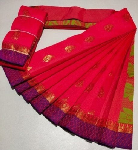 Red Fancy Pink Color And Purple Border Silk Cotton Ladies Sarees With Blouse Piece Set