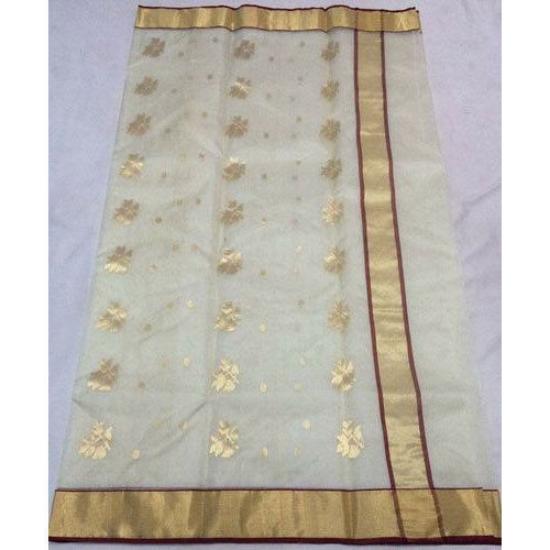 Printed White With Golden Color Fancy Silk Saree