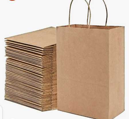  शॉपिंग के लिए लूप हैंडल के साथ डिस्पोजेबल ब्राउन कलर प्लेन पेपर बैग 