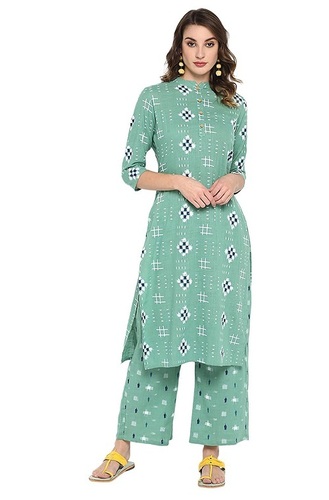 कैज़ुअल वियर ग्रीन व्हाइट कलर लेडीज़ पलाज़ो सूट हाई क्वालिटी फ़ैब्रिक के साथ डेकोरेशन मटीरियल: कपड़े