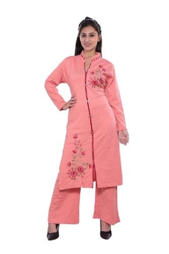 महिलाओं के सांस लेने योग्य और आरामदायक फुल स्लीव एम्ब्रॉयडरी किया हुआ कॉटन पलाज़ो सूट