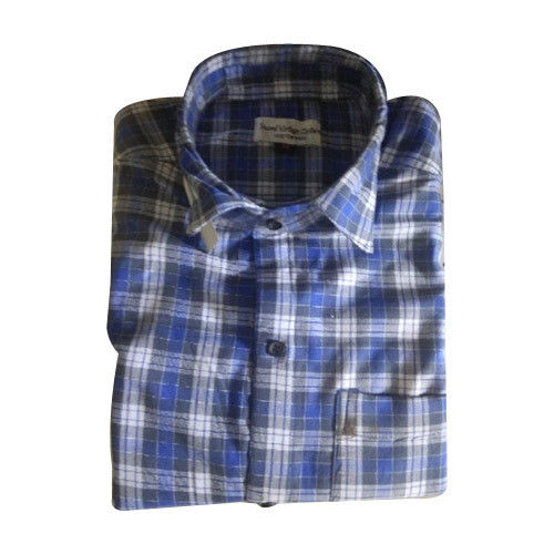 Blue Plain Full Sleeve Collar Neck Cotton Wrinkle Free Casual Mens Checked Shirt 