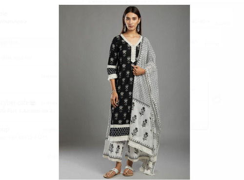 Indian Black And White Women Printed Cotton Full Sleeves Salwar Suits