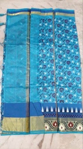 Woman Easy Wear And Fancy Designer Flower Printed Blue Silk Cotton Sarees