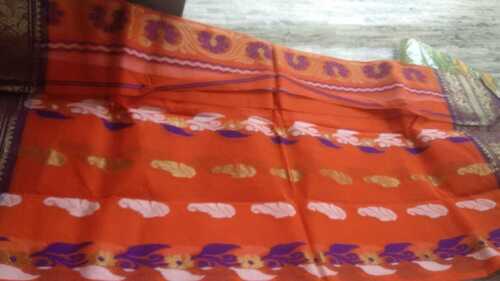 Cotton Daily And Casual Wear Beautiful Printed Handloom Saree With Orange Colour