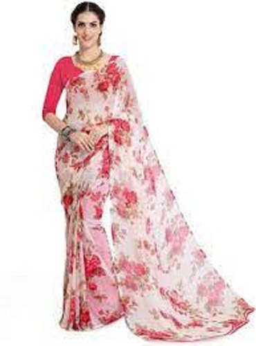Ladies Pink And White Color Floral Print Fashionable Comfortable Breathable Saree