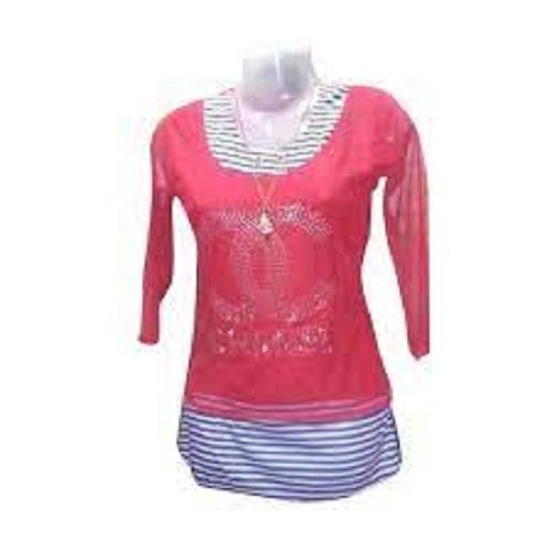 Printed Multi Color Regular Fit Round Neck 3/4 Sleeve Pure Cotton Fancy Ladies Tops