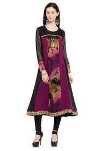 Purple And Black Color Long Sleeve Embroidered Georgette Ladies Kurtis