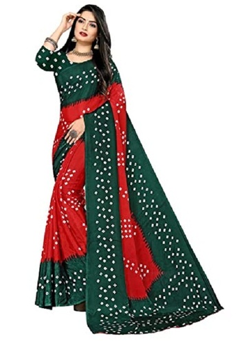 Women's Festive Elegance - Lightweight Poly Silk Saree, Rich Green and Red Bandhani Print for Celebratory Occasions