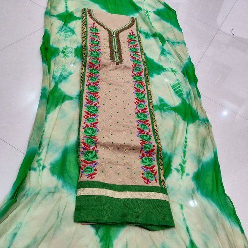 Indian  Green And Cream Color Stylish Unstitched Pure Cotton Ladies Salwar Kameez