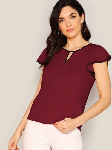 Chiffon Red Color Lightweight Comfortable And Breathable Short Sleeve Stylish Ladies Fancy Top