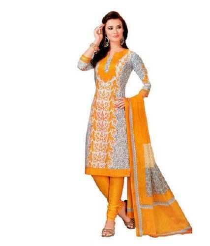 Indian  Yellow And Grey Color Party Wear Breathable Pure Cotton Ladies Salwar Kameez