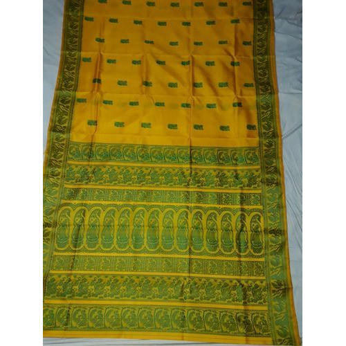 Yellow With Green Beautiful And Comfortable To Wear Pure Silk Baluchari Saree For Ladies