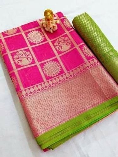 Printed Party Wear Pink And Green Checked Design Cotton Silk Ladies Sarees With Blouse Piece Set