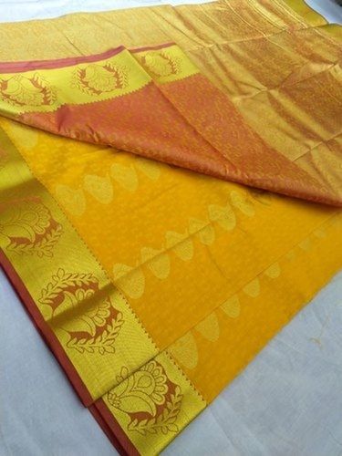 Traditional Elegant And Beautiful Yellow With Brown Party Designer Wear Silk Saree For Ladies