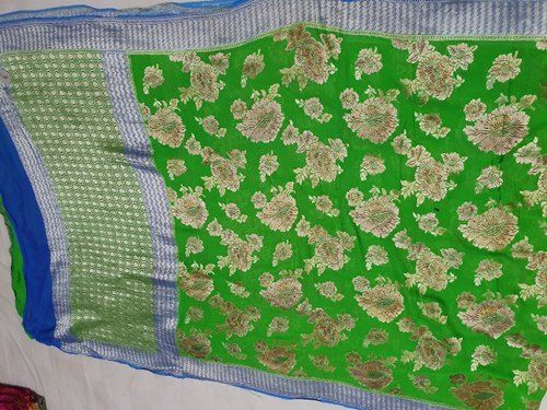 Silk Green Party Wear Floral Print Pure Chiffon Ladies Sarees With Blouse Piece Set