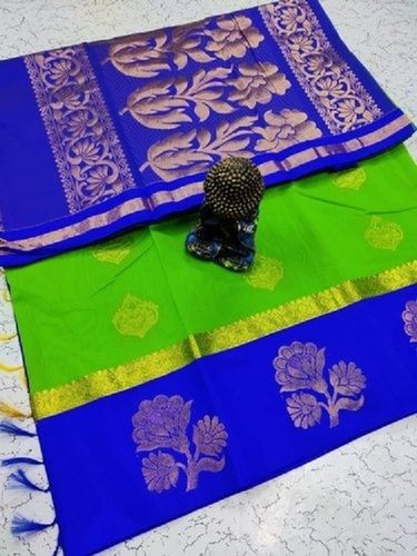 Summer Party Wear Green And Blue Silk Cotton Butta Ladies Sarees With Blouse Piece Set