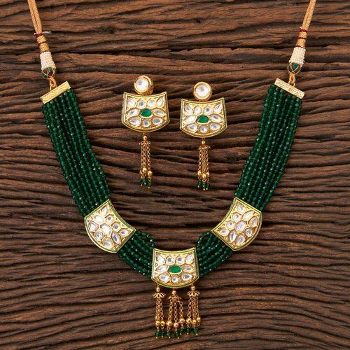 Brass And Gold Plating Kundan Necklace Sets For Party Wear Charm Earrings