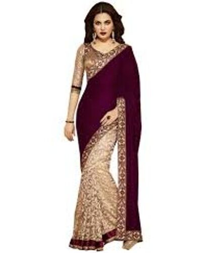 Designed Saree - Lightweight Cotton Blend, Various Colors for Every Season | Wrinkle Free, Plain Pattern, Perfect for Gifting and Party Wear