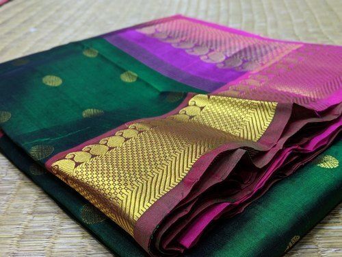 Party Wear Green And Pink Pure Silk Butta Ladies Sarees With Blouse Piece Set