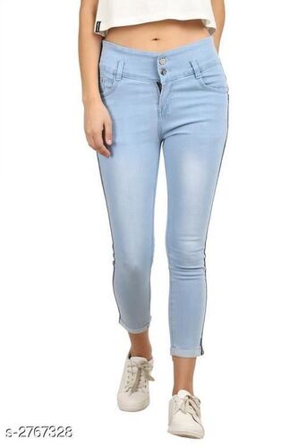 Womena s Cotton Skinny Fit High Waist Two Button Belt Loop Ice Blue Jeans