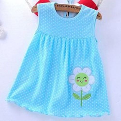 Bowl Comfortable Soft Cotton Sky Blue Printed Cut Sleeves Frock For Kids Summer Wear