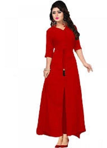 Dry Cleaning Red Color Fashionable 3/4 Sleeve Readymade Stylish Plain Cotton Ladies Kurti