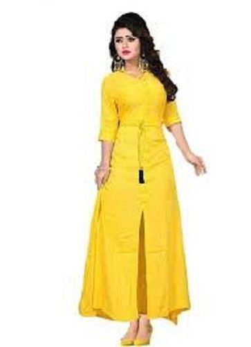 Dry Cleaning Yellow Color Stylish Stunning Look Beautiful 3/4 Sleeve Plain Ladies Cotton Kurtis