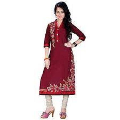 Light Weight And Pure Cotton Maroon Printed 3/4 Sleeve Fancy Kurtis For Ladies 