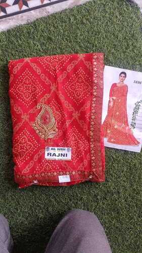 Party Wear Red Color Chundri Printed Chiffon Saree For Ladies With Blouse Piece