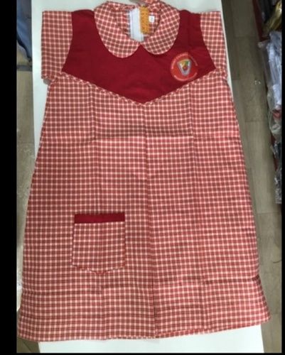 Red And White Check Print Collar Neck School Uniform For Girls With Cotton Fabrics Age Group: 8-12 Years