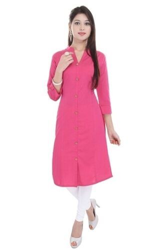 Classic Women'S Pink Plain Cotton Flex Princess Cut Kurti