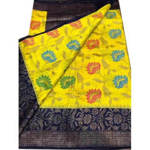 Navy Blue And Yellow Fashionable Traditional Wear Light Weight Washable With Seprate Blouse Piece Handloom Cotton Saree 