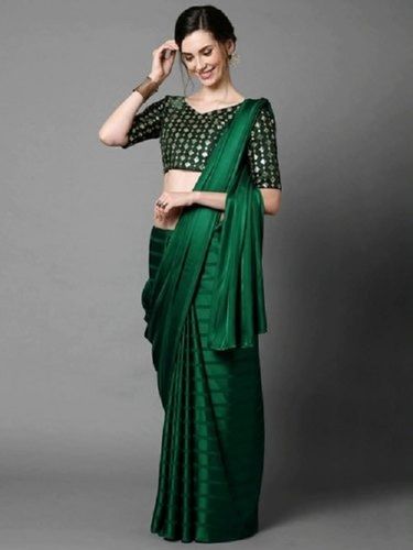 Green Color Plain Pattern Lightweight Breathable And Comfortable Ladies Saree